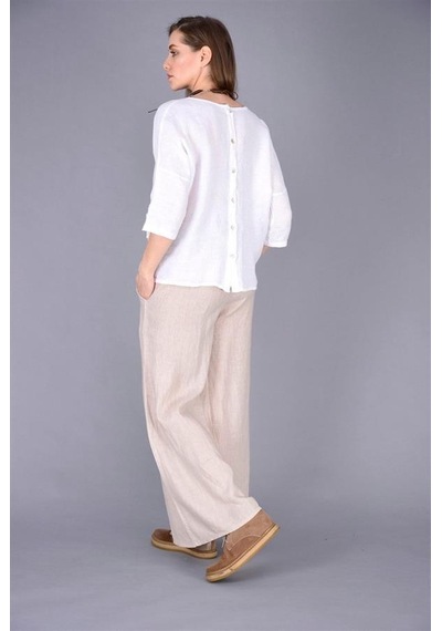 Eren Style İtalyan Korsajlı Tokalı Kemerli Bol Paçalı Keten Pantolon-9887 Krem