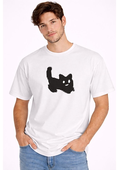 Nevermind Unisex Oversize Tişört Kedi Baskılı Minimal Tasarım Pamuk Beyaz