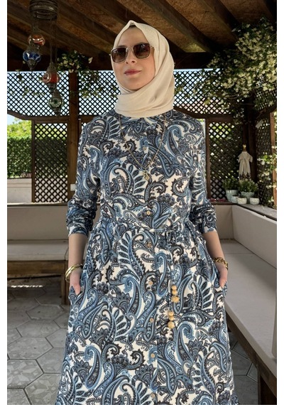 Rabia Şamlı Rengin Şal Desenli Gömlek Elbise Mavi Normal