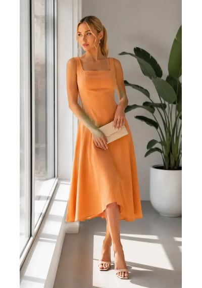 Park Karon Kadın %100 Pamuk Kare Yaka Askılı Midi Boy Astarlı Yazlık Elbise 26081 Oranj