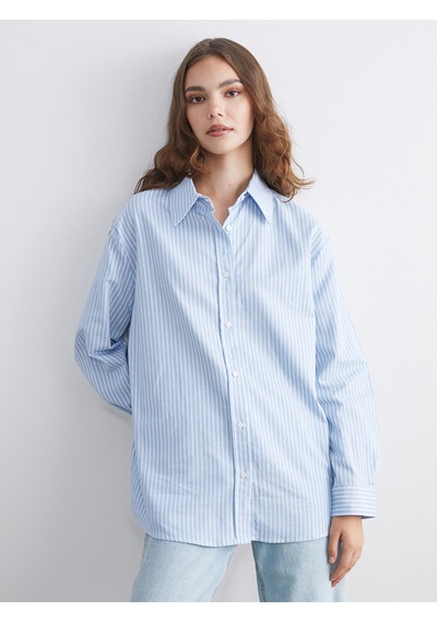 Lcw Modest Mavi Çizgili Oversize Kadın Gömlek Tunik Xl-2xl
