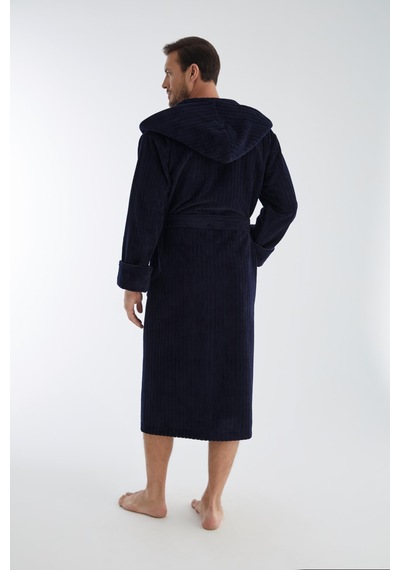 Yaka Fitilli Bambu Cotton Erkek Bornozu Lacivert