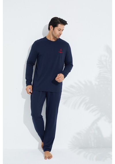 Siyah İnci Uzun Kollu Örme Erkek Pijama Takım 7795 Lacivert
