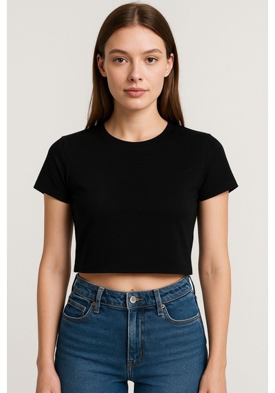 Kadın 4'lü Paket Oversize Crop Tişört %100 Pamuk Bisiklet Yaka T-shirt Mavi