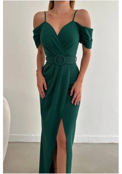 Lior Design Kadın Trend Krep Kumaş V Yaka Yırtmaçlı Abiye Elbise Zümrüt