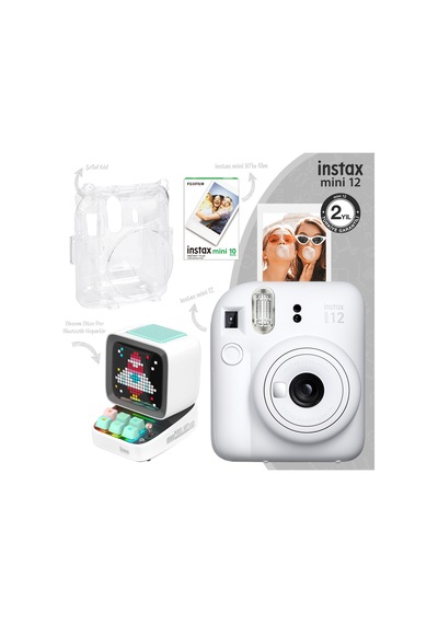 Instax Mini 12 Fotoğraf Makinesi + 10 'lu Film + Şeffaf Kılıf + Divoom Ditoo Pro Bluetooth Hoparlör