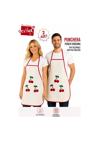 Punchera 2li Paket Punch Nakışlı Sıvı Su Geçirmez Mutfak Önlüğü Kiraz