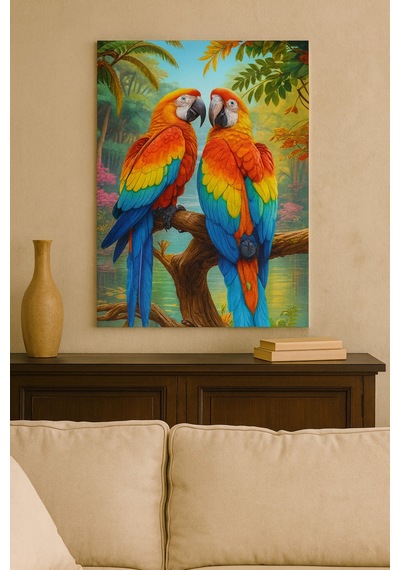 Renkli Papağanlar Cam Tablo Tropikal Doğa Temalı Dekoratif Cam Tablo