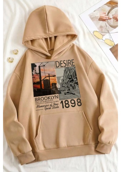 Uyguntarz Unisex Desire Brooklyn Baskılı Oversize Sweatshirt Bej