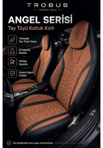 Seat Leon 2005 Ve Sonrası Uyumlu Angel Serisi Tay Tüyü Koltuk Kılıfı Taba Siyah