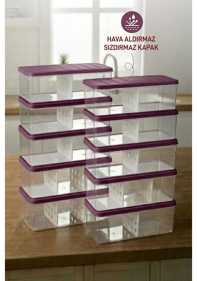 10 Adet 2 Lt. Nora Bölmeli Organizer Buzdolabı Buzluk Düzenleyici Saklama Kabı Mürdüm