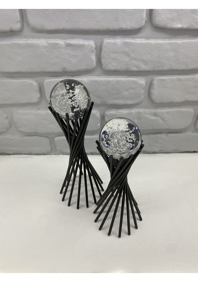 Siyah Metal 2'li Set Salon Burgu Kristal Baloncuklu Camlı Dekor 1 Takım