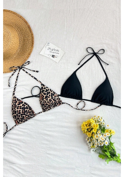 Intive Lingerie Kadın Leopar Desenli Ve Siyah Minimal Kesim Üçgen Bikini Üstü Çok Renkli
