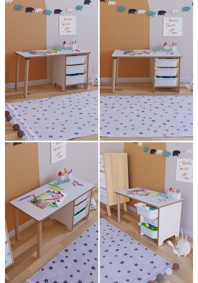 Çocuk Çalışma Masası 90x45 Cm 3 Sepetli Çocuk Masa Tabure Seti Oyun & Aktivite Masası Çok Renkli