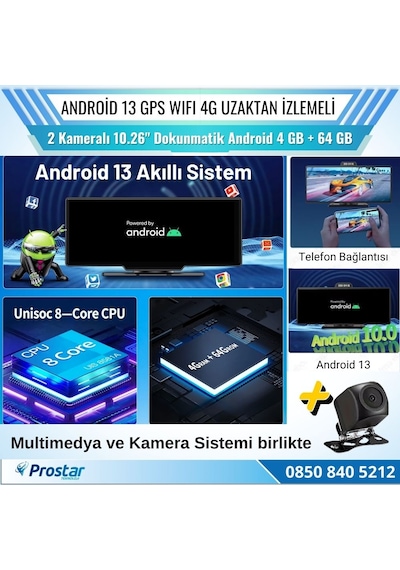 Kayıtlı 2 Kameralı Android 13 Wıfı Gps 4g Uzaktan İzlemeli 4 Gb + 64 Gb Carplay 512 Gb Destekli Tak Kullan Kamera Seti
