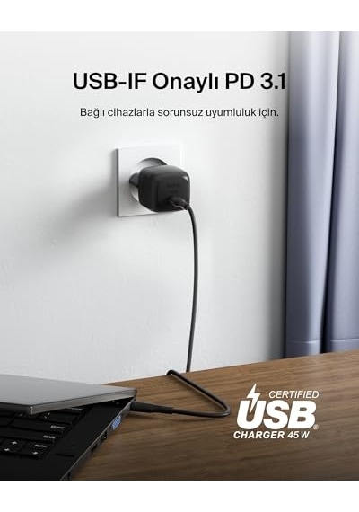Kompakt Duvar Şarj Cihazı 45 W + Usb-c - Usb-c Kablosu, Apple İphone 17, 16, 15, 14, Plus, Pro, Pro Max, Samsung Galax