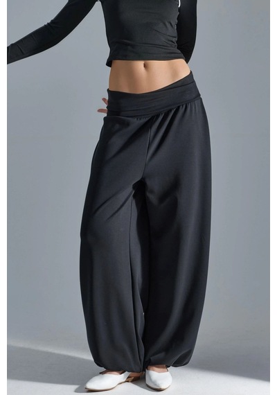 Hiccup Busem Orta Belli Geniş Paça Örme Jogger Pantolon Siyah