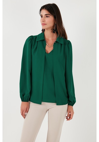 Lela Regular Fit V Yaka Balon Kol Bayan Bluz 611Bz0353 Zümrüt
