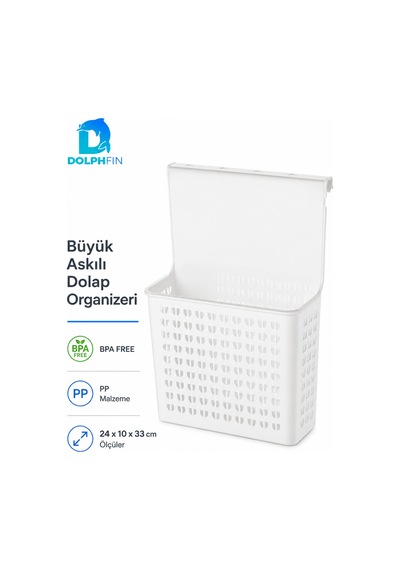 Büyük Askılı Dolap Organizeri 24x10x33 Cm Kapak Arkası Mutfak Banyo Düzenleyici Sepet Beyaz