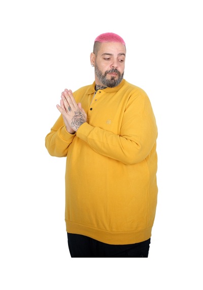 Mode Xl Büyük Beden Erkek Nakışlı Selanik Polo Sweatshirt 20440 Hardal Hardal
