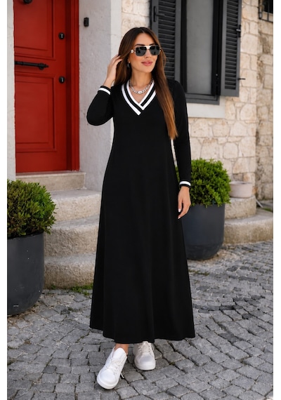 Kadın Uzun Kollu V Yakalı Cepli Uzun Viskon Iki Iplik Elbise Siyah