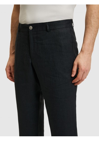 Cacharel Siyah Slim Fit Beli Lastikli %100 Keten Pantolon