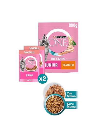 Purina One Junior Tavuk Yavru Kedi Maması 800 G + Junior Somonlu Yavru Kedi Maması 2 x 85 G