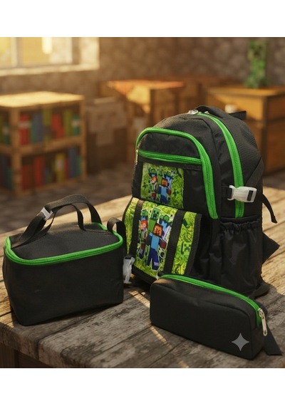 İlkokul 3 Lü Set Karekter Desenli Laptop Bölmeli Kalemlik,beslenme Çantalı Erkek Çocuk Okul Sırt Çantası 40 27 17 Cm Ebat siyah
