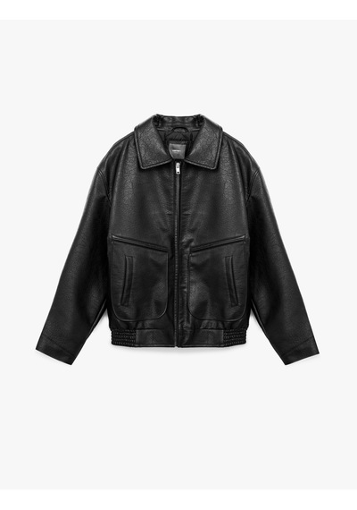 Koton Slim Fit Uzun Kollu Fermuarlı Gömlek Yaka Suni Deri Ceket Siyah 6wam20162hw Siyah