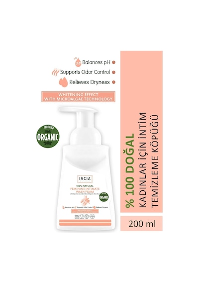 INCIA %100 Doğal İntim Yıkama Köpüğü pH 3.8 Beyazlatma Etkili ve Koku Önleyici Vegan 200 ML