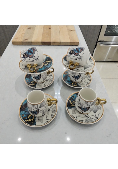 Sudedi Home Floral Renkli Yaldızlı 6 Kişilik Kahve Fincan Takımı Çok Renkli