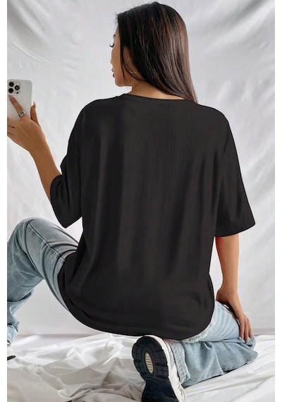 Unisex Baseball Baskılı Oversize Tshirt Siyah