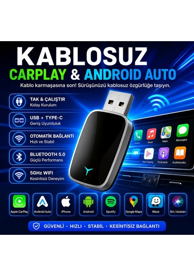 Hpytech Kablosuz Carplay Android Auto Dönüştürücü Usb & Type-c Mini Adaptör Wireless Carplay Dongle Tak Çalıştır Bluetooth 5.0 5ghz Wifi İphone & Android Uyumlu