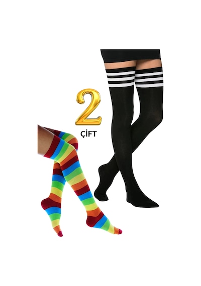 Kral Socks Kadın Dizüstü Çorap 2 Çift Düz Çizgili Pamuklu Dizüstü Siyah