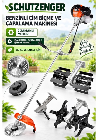 Schutzenger Hp-83 Benzinli Eleşeme Çapalama Makinesi Ot Çim Çalı Biçme Motoru Tüm Başlıklar Set Tarla Bahçe