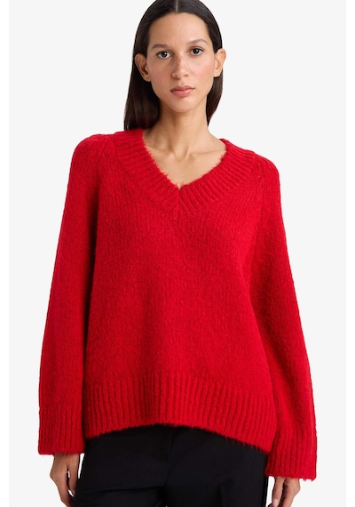 Defacto Oversize Geniş Kalıp V Yaka Triko Kazak G6290ax25wnrd334 Kırmızı-rd334