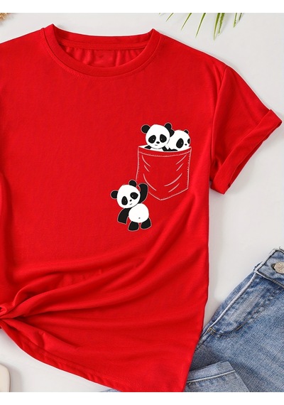 Uyguntarz Unisex Cep Panda Baskılı Tasarım Tshirt Kırmızı