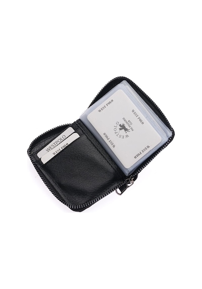 Westpolo Hakiki Deri Bol Şeffaf Kart Bölmeli Fermuarlı Unisex Cüzdan - Siyah Siyah
