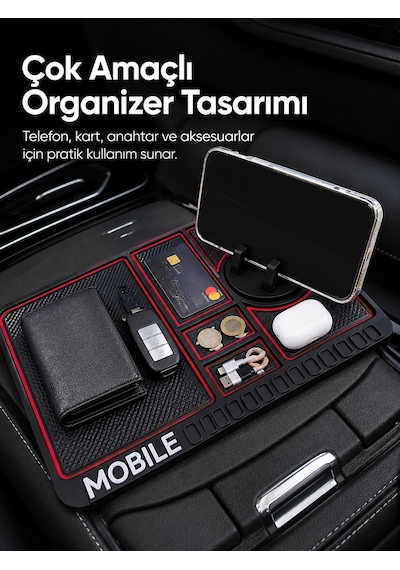 Mey İthalat Araç İçi Kaydırmaz Organizer Mat Telefon Standlı Çok Amaçlı Konsol Düzenleyici