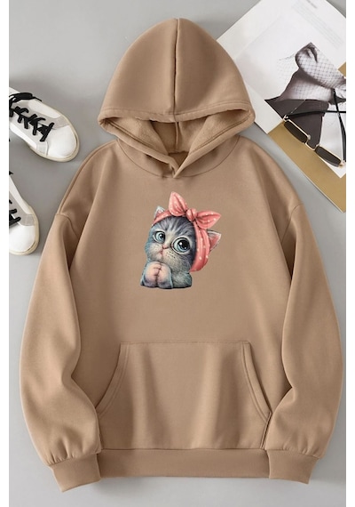 Uyguntarz Unisex Sevimli Kedi Sweatshirt Bej