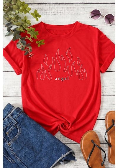 Unisex White Angel Baskılı T-shirt Kırmızı