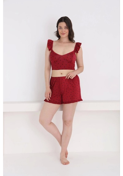 Pijamoni Kadın Askısı Fırfır Detaylı Şortlu Bordo Pijama Takımı - 7710 Bordo Pijamoni Kadın Askısı Fırfır Detaylı Şortlu Bordo Pijama Takımı - 7710 Bordo