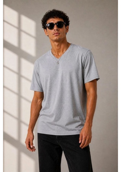Vexor Erkek V Yaka Basic Tişört Kısa Kol Yazlık Regular Fit T-shirt - Gri Çok Renkli