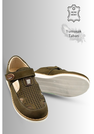 Sermoda Çocuk Sandalet - Cırtlı Süet Yumuşak Taban Erkek Çocuk Sandalet Haki