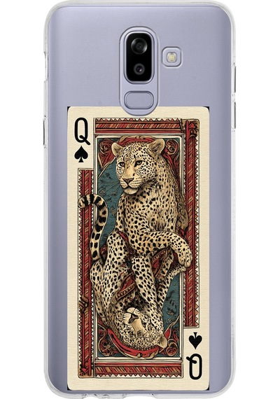 Samsung Galaxy J8-a6 Plus Uyumlu İskambil Kağıdı Tasarımlı Leopar Portre Baskılı Silikon Kılıf Renkli