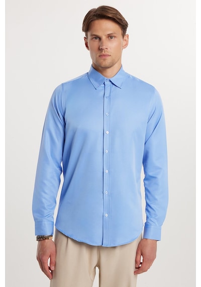 Tudors Slim Fit Kolay Ütü Teri Emen Nefes Alan Doku Kravatlık Dört Mevsim Erkek Gömlek-24896 Mavi
