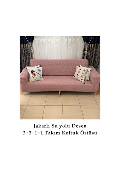 StarMall Su Yolu Koltuk Örtüsü, kanepe, çekyat Kılıfı Yıkanabilir Streçli Lastkli Esnek 3+3+1+1 Takım Pembe