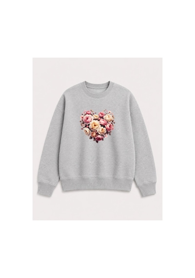Herkesemoda Kalp Ve Güller Baskı Detaylı Bisiklet Yaka Şardonlu 2 İplik Sweatshirt Gri