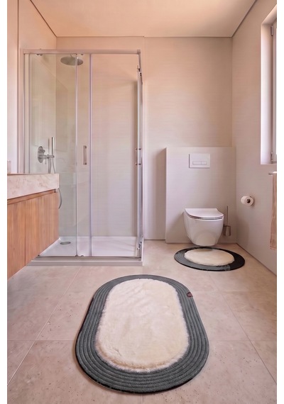 Banyo Paspası Takımı 60x100+60x60 Cm Düz Bej & Antrasit Gri