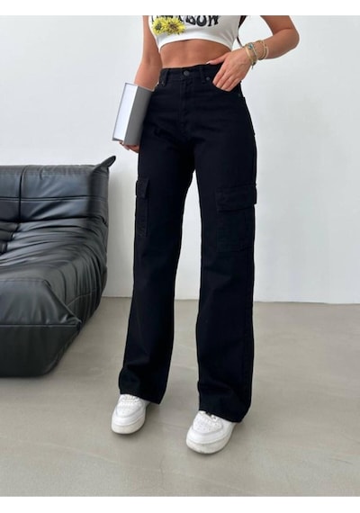 Lavajeans Siyah Solmaz Altı Cep Kargo Pantolon Yüksek Bel Wide Leg Siyah Bej